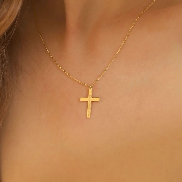 14k Solid Gold Cross Necklace • Summer Jewelry •  Personalized Minimal Cross Pendant • Women's Dainty Cross Gift • Unisex Christmas Gift