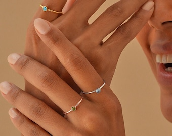 14k Gold Custom Single Birthstone Ring: Minimalist Stackable Birth Month Ring