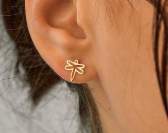 14k Gold Dragonfly Studs Earrings: Minimalist Design, Hypoallergenic Animal Lover Gift Idea