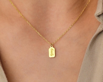 14k Gold Plated Name Engraved Tag Necklace: Milestone Gift, Gift for Her, Sterling Silver, Engrave on Front and Back sides