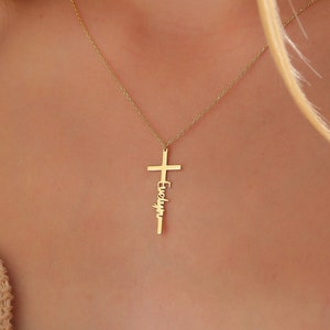 14k Gold Personalized Cross Name Necklace • Christian Religious Gift For Her • Custom Name Necklace • Dainty Minimal Cross Pendant Necklace