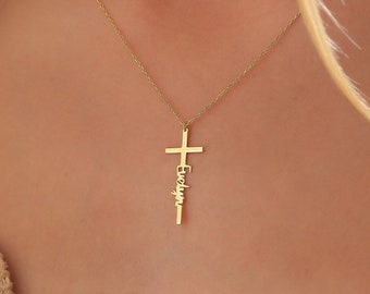 14k Gold Personalized Cross Name Necklace • Christian Religious Gift For Her • Custom Name Necklace • Dainty Minimal Cross Pendant Necklace