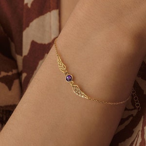 14k Gold Angel Wings Bracelet with Birthstone ∙ Birthday or Memorial Sympathy Gift for Her ∙ Dainty Keepsake Birth Month Bracelet