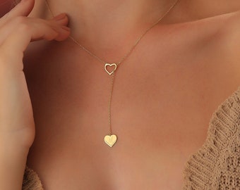 14k Gold Personalized Minimalist Initial Heart Lariat Necklace • Heart Drop Initial Necklace • Handmade Lariat Jewelry • Gift for Her