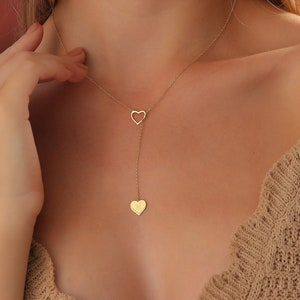 14k Gold Personalized Minimalist Initial Heart Lariat Necklace • Heart Drop Initial Necklace • Handmade Lariat Jewelry • Gift for Her