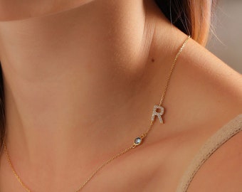 14k Gold Sideway Initial Birthstone Necklace • Minimalist Birthstone • Dainty Gemstone Letter Necklace • Personalized Name Birthstone Gift