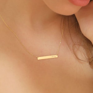 14k Solid Gold Personalized Minimalist Bar Name Necklace Handwriting Name Necklace Gift For Her Birthday Gift Christmas Gift image 1