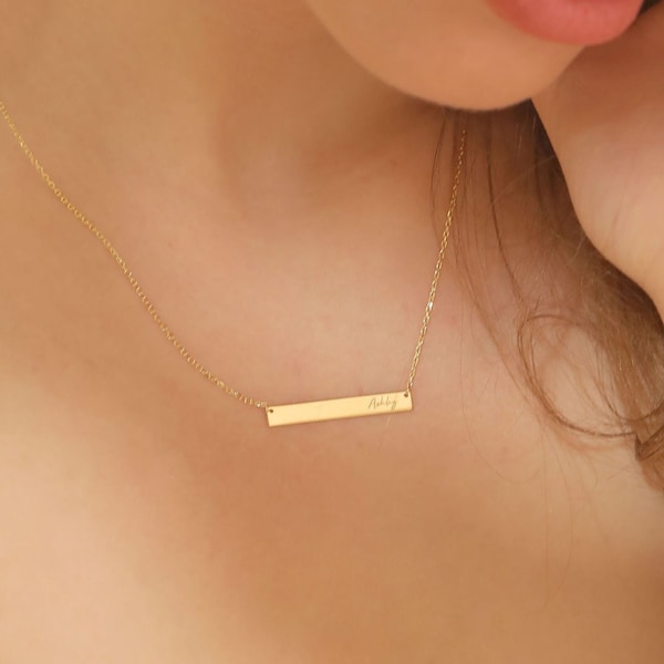 14k Solid Gold Personalized Minimalist Bar Name Necklace •  Handwriting Name Necklace • Gift For Her • Birthday Gift • Christmas Gift