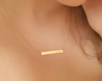 14k Solid Gold Personalized Minimalist Bar Name Necklace •  Handwriting Name Necklace • Gift For Her • Birthday Gift • Christmas Gift