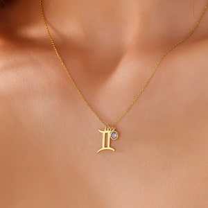 Gold Zodiac with Birthstone Necklace Silver Horoscope Birthstone Jewelry Handmade Mothers Day Gift Zodiac Sign Minimalist Astrology image 1