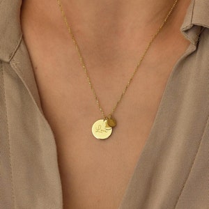 14k Gold Disc Necklace with Initial Tiny Coin Discs • Personalized Disc Necklace • Custom Coin Necklace • Anniversary Gift • Gift for Mom