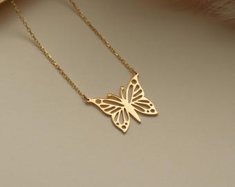 14k Gold Butterfly Pendant Necklace: Minimalist Gold Butterfly Jewelry, Nature-Inspired Gold Necklace
