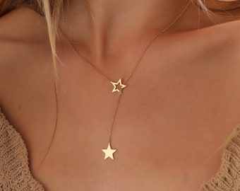 14k Gold Personalized Minimal Initial Star Lariat Necklace •  Initial Drop Necklace • Handmade Lariat Jewelry • Customized Dainty Y Necklace