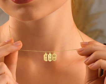 14k Gold Initial Tag Necklace: Custom Birth Flower Jewelry for Mom