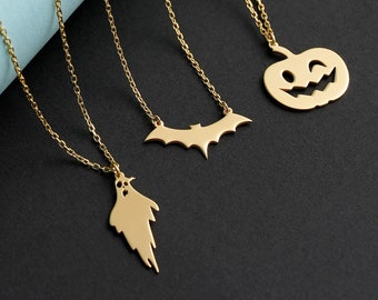 Collar de murciélago de Halloween de oro sólido de 14 k • Joyería delicada de fantasma de Halloween para ella • Colgante de calabaza espeluznante de Halloween para mujer • Regalo gótico