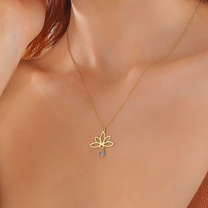 Lotus Flower Necklace • Meditation Symbol Jewelry with Birthstone • Dainty Yoga Necklace • 14k Gold Flower Jewelry • Unique Gift for Her