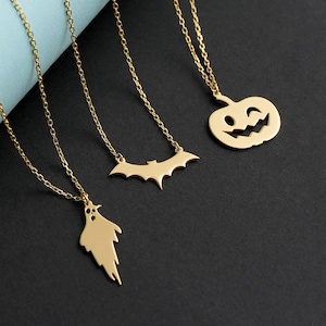 14k Solid Gold Halloween Bat Necklace • Dainty Halloween Ghost Jewelry for Her • Spooky Halloween Pumpkin Pendant for Women • Gothic Gift