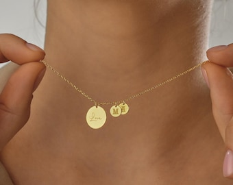 14k Gold Personalized Initial Necklace • Mom Necklace with Kids • Initials Gold Disc Necklace for Women • Dainty Customized Necklace for Mom