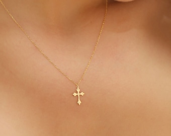 14k Solid Gold Cross Necklace • Gold Baroque Cross Jewelry •  Summer Jewelry • Minimalist Cross Pendant • Women&#39;s Dainty Cross Summer Gift