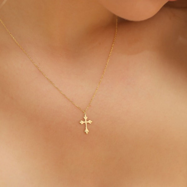 14k Solid Gold Cross Necklace • Gold Baroque Cross Jewelry •  Summer Jewelry • Minimalist Cross Pendant • Women's Dainty Cross Summer Gift
