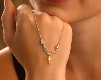 Zierliche Kreuz Halskette mit Geburtsstein ∙ Personalisierte Stammbaum Halskette ∙ Individuelles Mutter & Oma Geschenk ∙ 14K Gold Christ Anhänger