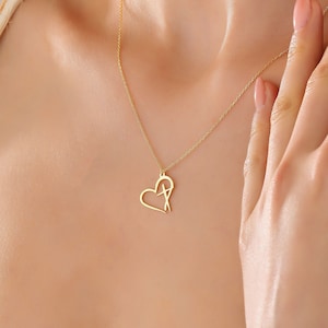 Zierliche Herz Umriss Halskette mit Kreuz Anhänger • Liebe und Glaube Halskette • Winziger Kreuz Schmuck mit Taube • Religiöser Schmuck Geschenk für Sie