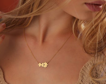 14k Gold Tiny Puzzle Necklace • Dainty Puzzle Piece Necklace • Couple Necklace • Puzzle Jewelry • Best Friend Gifts • Christmas Gift for Her