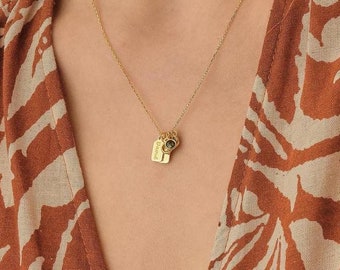 Dainty Tag Bar Name Necklace • Personalized Birthstone Initial Pendant, 14k Gold Plated - Sterling Silver