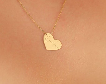 14K Solid Gold Minimal Heart Necklace • Personalized Side Jewelry • Minimal Gift For Her • 2nd Year Anniversary Gift • Name Necklace