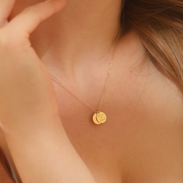 14k Gold Personalized Minimalist Disc Necklace ∙ Initial Disc Coin Pendants ∙ Circle Pendants ∙ Gift For Mom ∙ Kids Name ∙ Christmas Gift