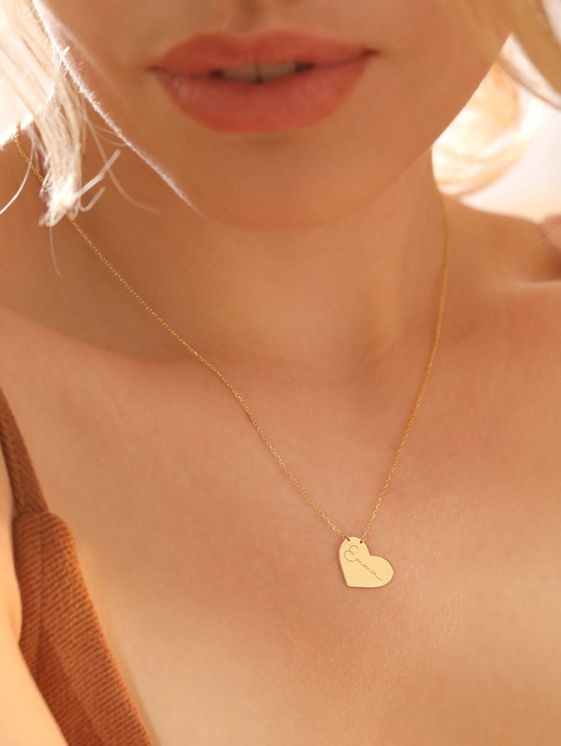 14K Solid Gold Minimal Heart Necklace Personalized Side Jewelry Minimal Gift For Her 2nd Year Anniversary Gift Name Necklace image 1