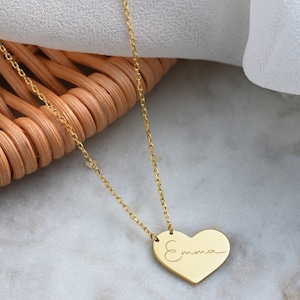 14K Solid Gold Minimal Heart Necklace Personalized Side Jewelry Minimal Gift For Her 2nd Year Anniversary Gift Name Necklace image 4