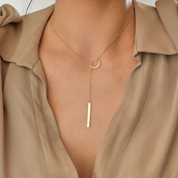 Gold Jewelry Gold Circle Bar Lariat Necklace, 14K 9K Solid Gold Y
