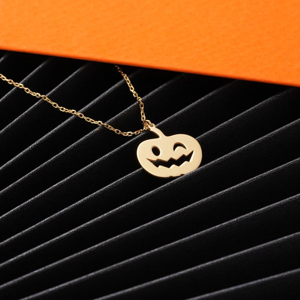 14k Solid Gold Halloween Pumpkin Necklace • Dainty Halloween Jewelry Gift for Her • Spooky Halloween Pumpkin Pendant for Women • Gothic Gift
