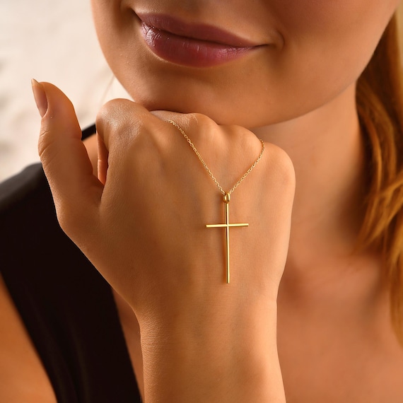 14k Gold Modern Cross Necklace ∙ Dainty Long Cross Necklace
