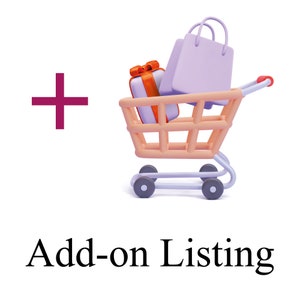 May include: A plus sign in maroon, a shopping cart with a purple gift bag and an orange gift box inside. The text "Add-on Listing" is below the image.