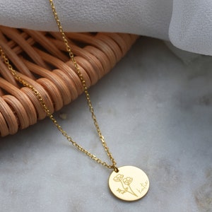 14k Solid Gold Disk Birth Flower Necklace Unique Birthday Gift for Her Personalized Disk Month Flower Pendant Charm Necklace Florals image 4