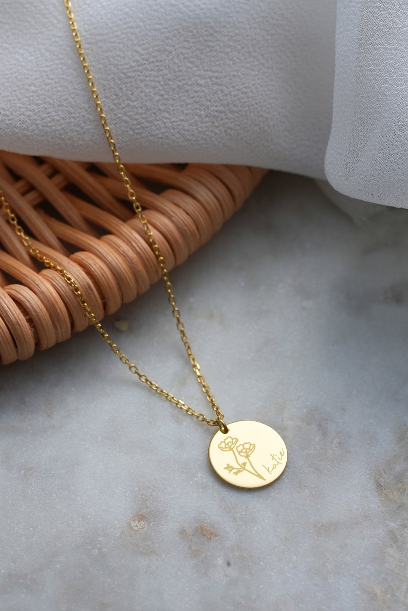 14k Solid Gold Disk Birth Flower Necklace Unique Birthday Gift for Her Personalized Disk Month Flower Pendant Charm Necklace Florals image 4