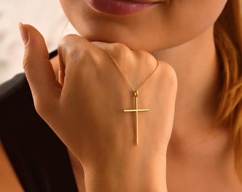14k Gold Moderne Kreuz Kette ∙ Zierliche Lange Kreuz Kette ∙ Schmal Kreuz Anhänger ∙ Konfirmation Geschenk für Frauen ∙ Weihnachtsgeschenk