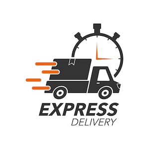 May include: Black and orange logo for a delivery service. A truck with a package in the back is speeding to the right. A clock with an orange hand is above the truck. The text "EXPRESS DELIVERY" is below the truck.