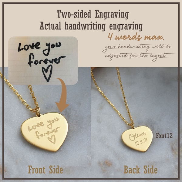 14K Solid Gold Handwriting Heart Necklace • Gift for Wife • Handwriting Engrave Charm • 1st 2nd 3rd 4th 5th 10th Unique Anniversary Gift