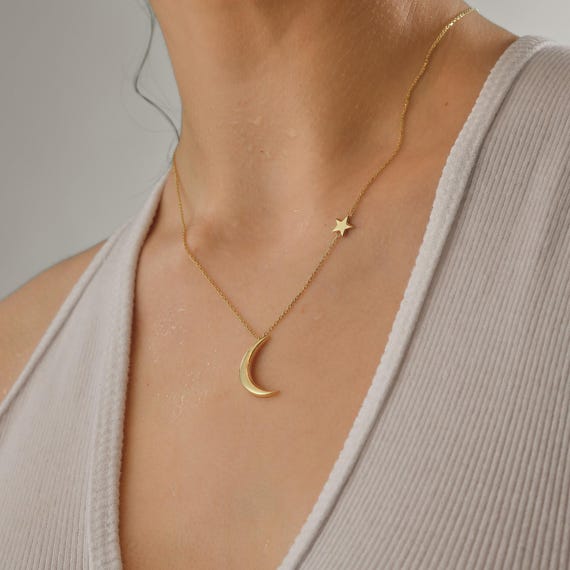 Dainty Gold Moon and Star Necklace: Celestial Pendant Jewelry, Minimalist Moon Star Charm, Meaningful Gift for Her