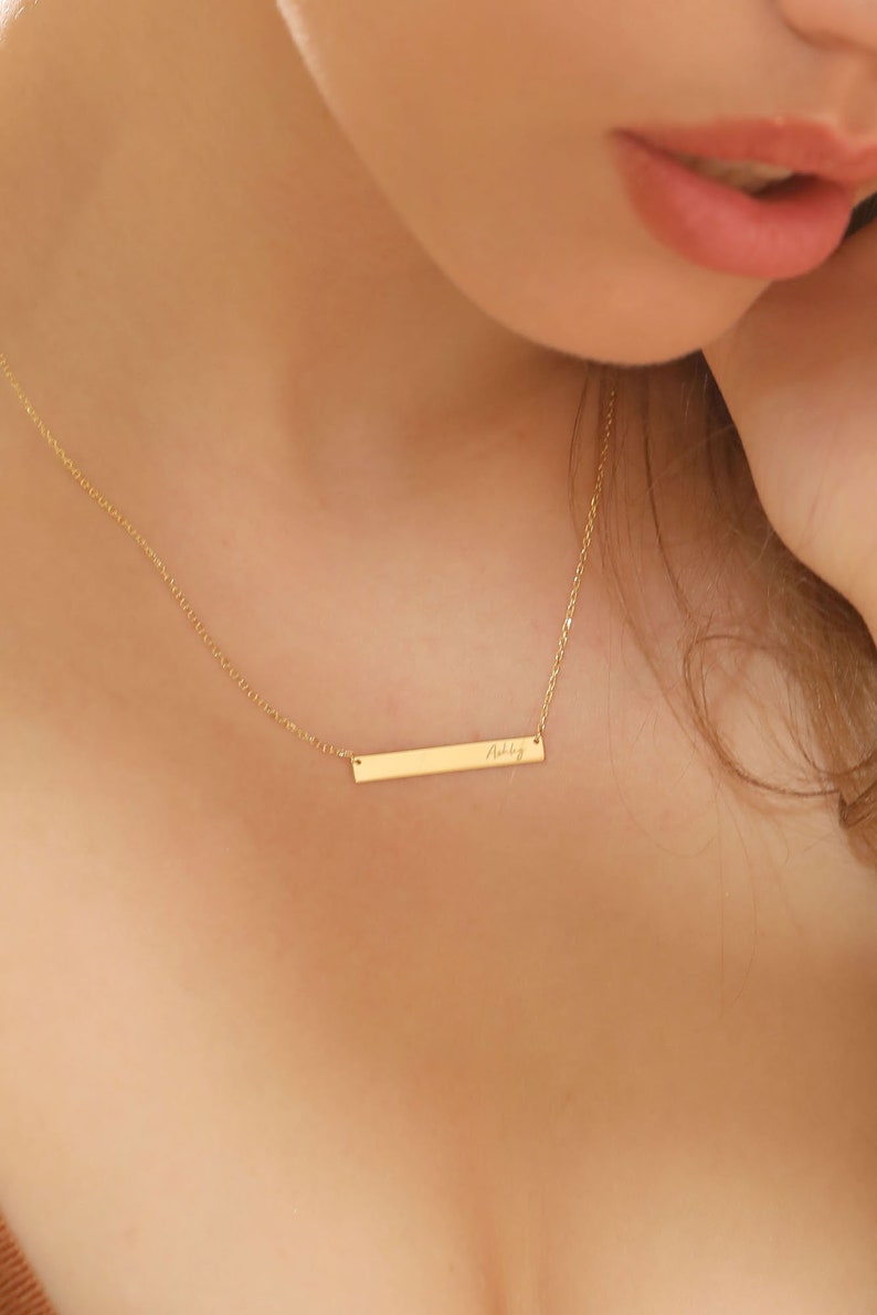 14k Solid Gold Personalized Minimalist Bar Name Necklace Handwriting Name Necklace Gift For Her Birthday Gift Christmas Gift image 8