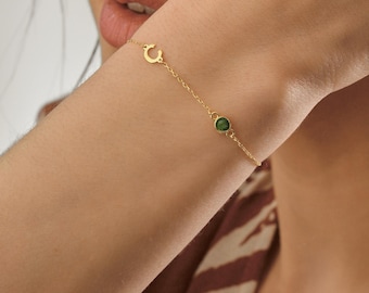 14k Gold Personalized Tiny Letter Birth Month Bracelet ∙ Dainty Letter Bracelet with Birthstone ∙ Birthstone Bracelet for Women