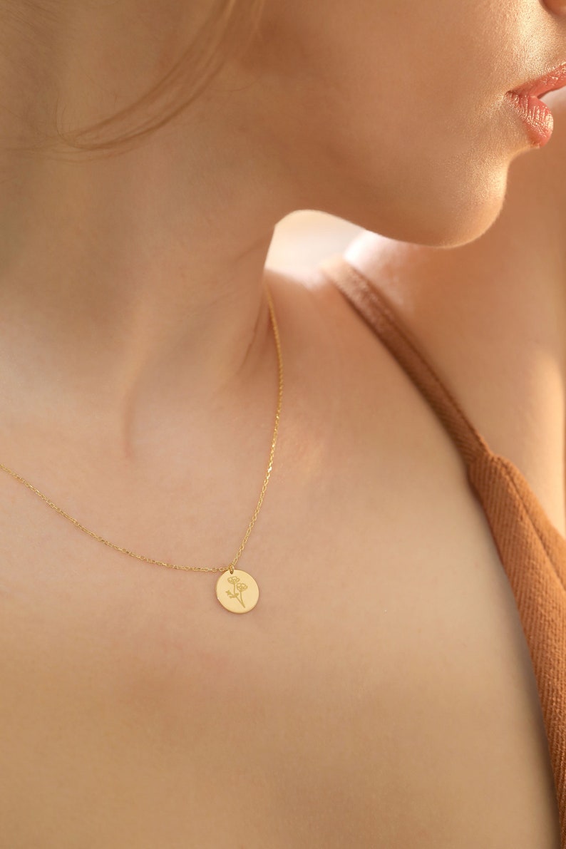 14k Solid Gold Disk Birth Flower Necklace Unique Birthday Gift for Her Personalized Disk Month Flower Pendant Charm Necklace Florals image 2