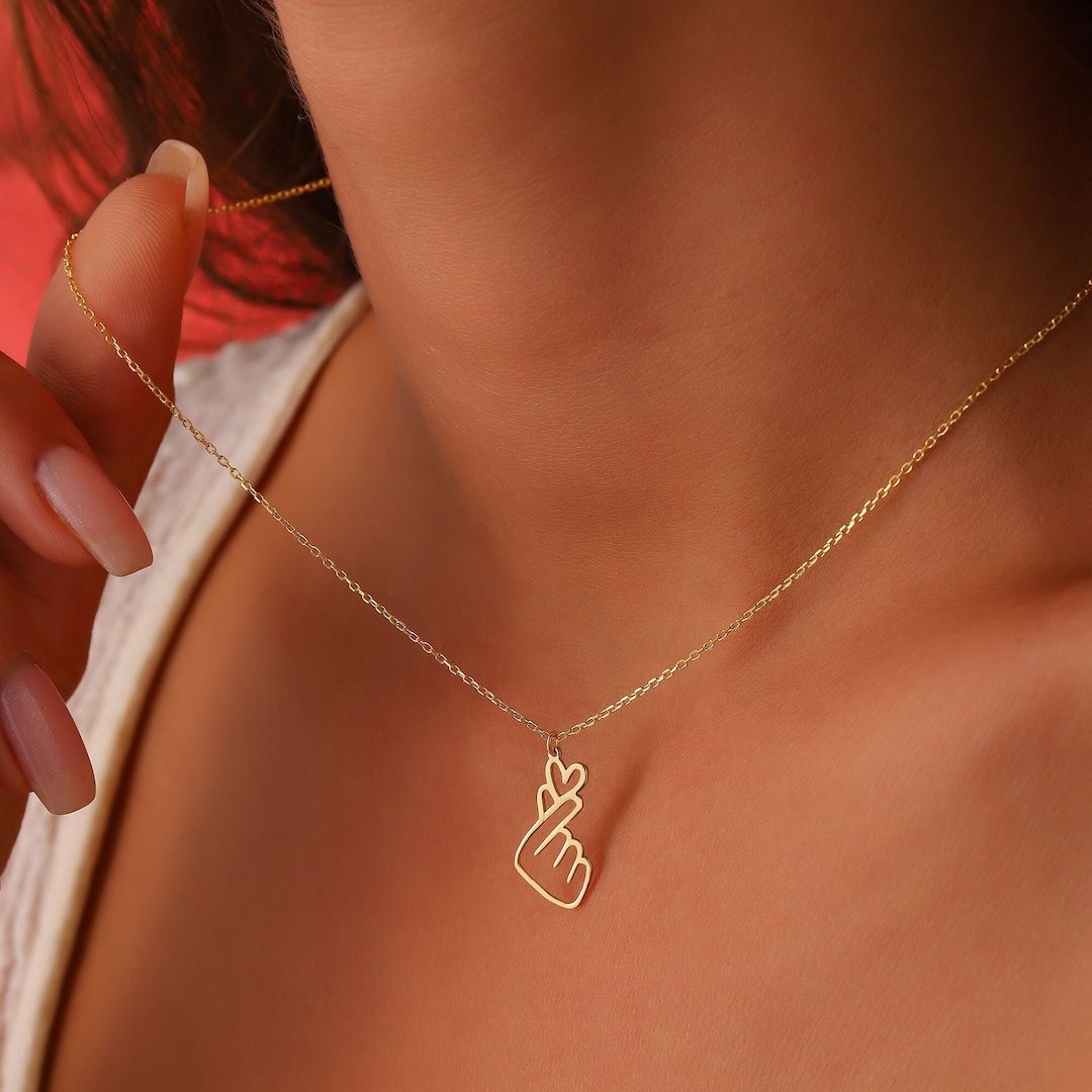 14k Gold BTS Korean Finger Hearts Necklace • Silver K-Pop Finger Hearts Gesture Charm • K-Pop Fan Best Friend Gift • BTS Army Christmas Gift