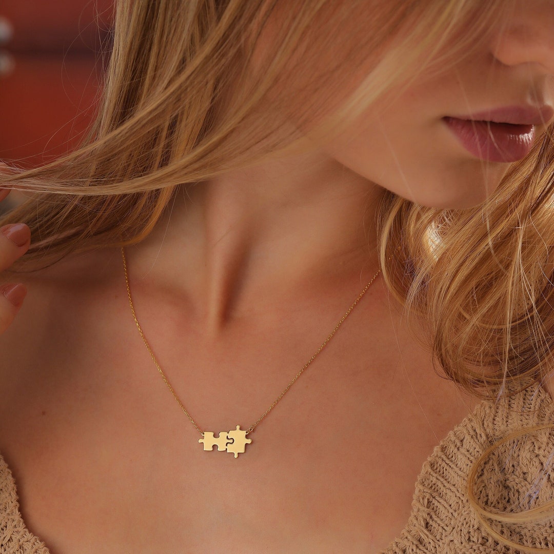 14k Gold Tiny Puzzle Necklace Dainty Puzzle Piece Necklace Couple