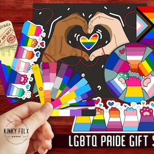 Könnte beinhalten: LGBTQ Pride Geschenkset mit Regenbogen-Pfotenabdrücken, einem Herz mit Regenbogenstreifen und einem Aufkleber mit der Aufschrift "Du bist sicher bei mir".
