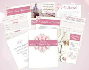 Op de afbeelding: Een roze en wit printbaar dagboek met bloemenmotieven en de tekst "Daily Mindfulness Journal". Het dagboek bevat pagina's voor dagelijkse affirmaties, mindfulness-prompts en dagboekpagina's.