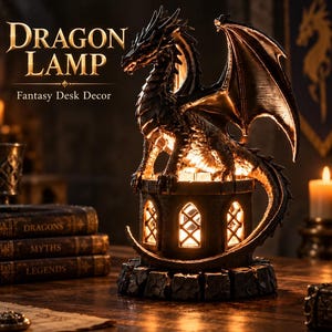 May include: A dark-colored dragon lamp featuring a detailed dragon perched atop a stone-like tower base with arched windows. The lamp emits a warm, glowing light from within the structure. Text on the image reads DRAGON LAMP Fantasy Desk Decor.